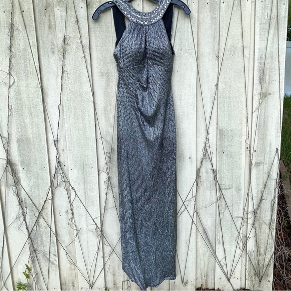 Cache Silver Metallic Beaded Embellished Evening Gown Maxi Dress 0 XS Y2K - Picture 2 of 16